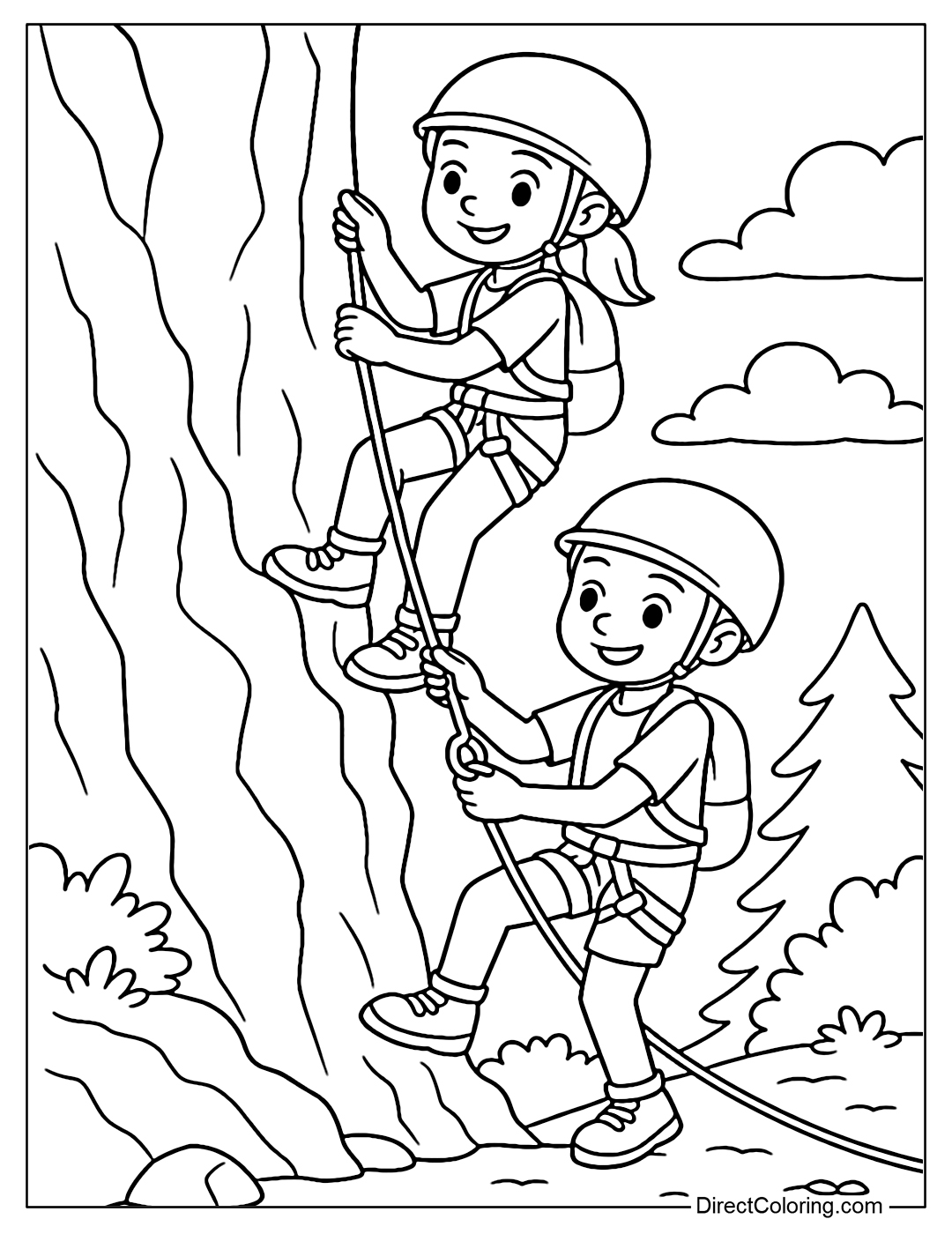 Coloring page of two children climbing a steep rock with a rope and safety hook, wearing a hard hat